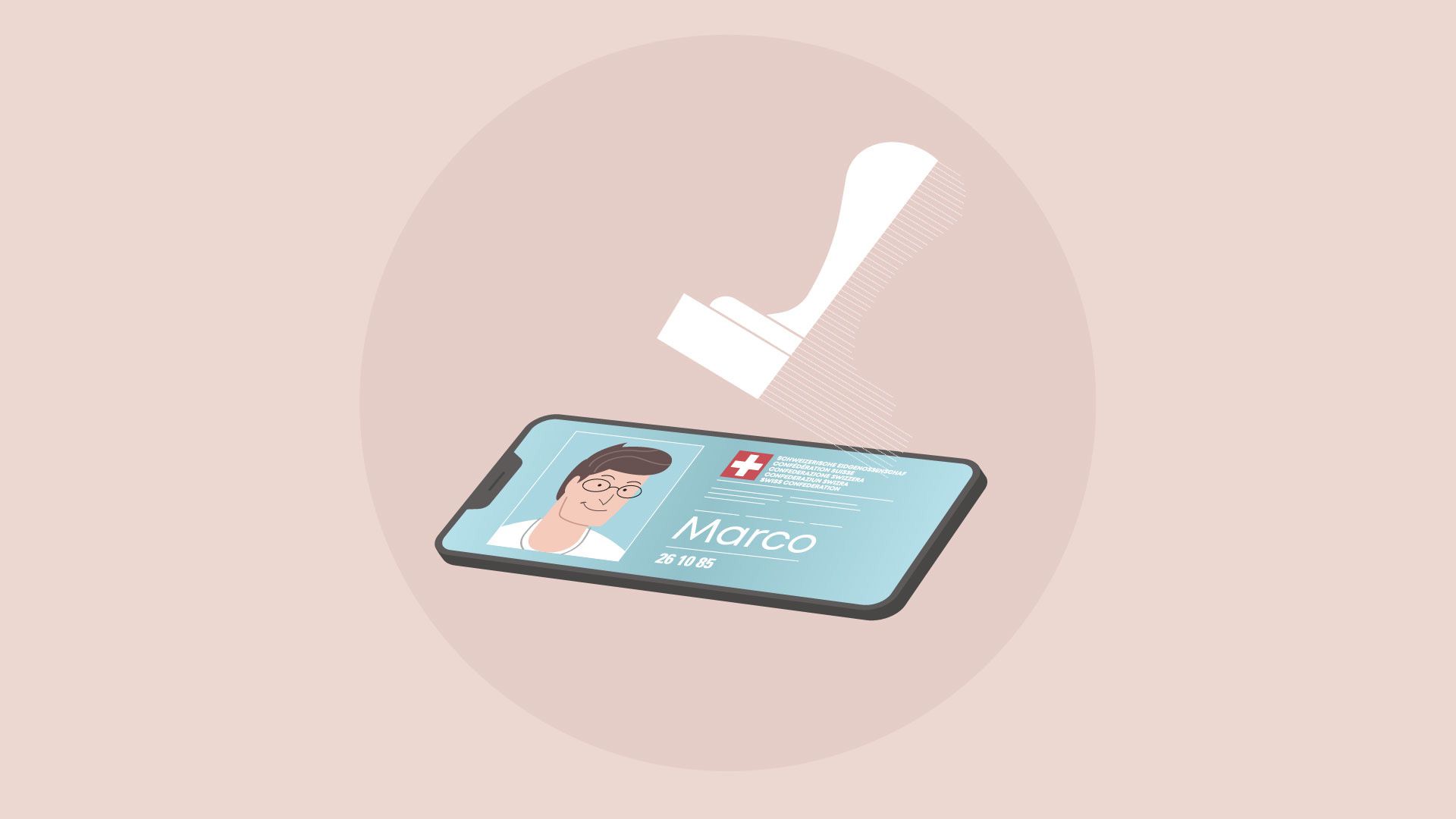Dematerialisierender Stempel über der digitalen Identität.