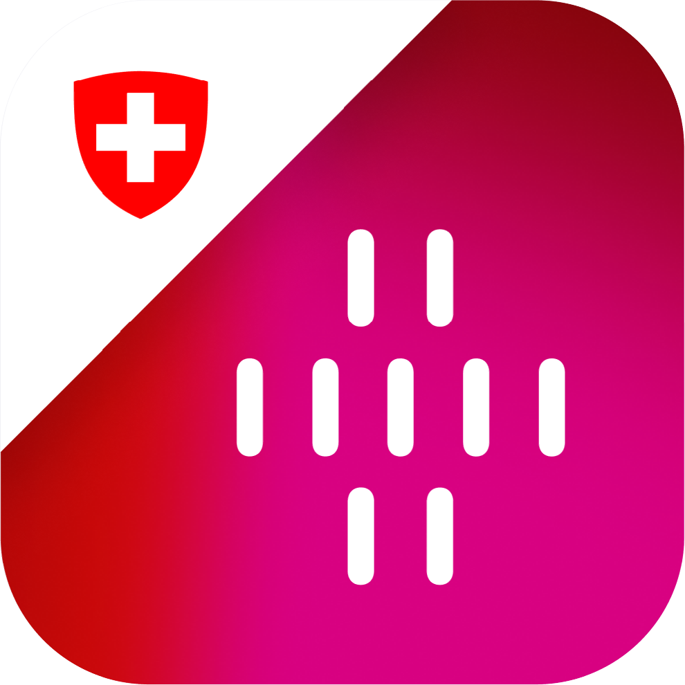 App Icon der swiyu Wallet (Abstrahiertes Schweizerkreuz aus Strichen / oben links Schweizerwappen)