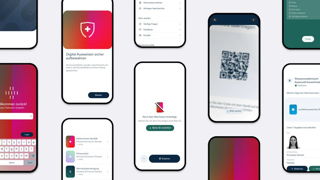 Verschiedene Ansichten der swiyu Wallet App