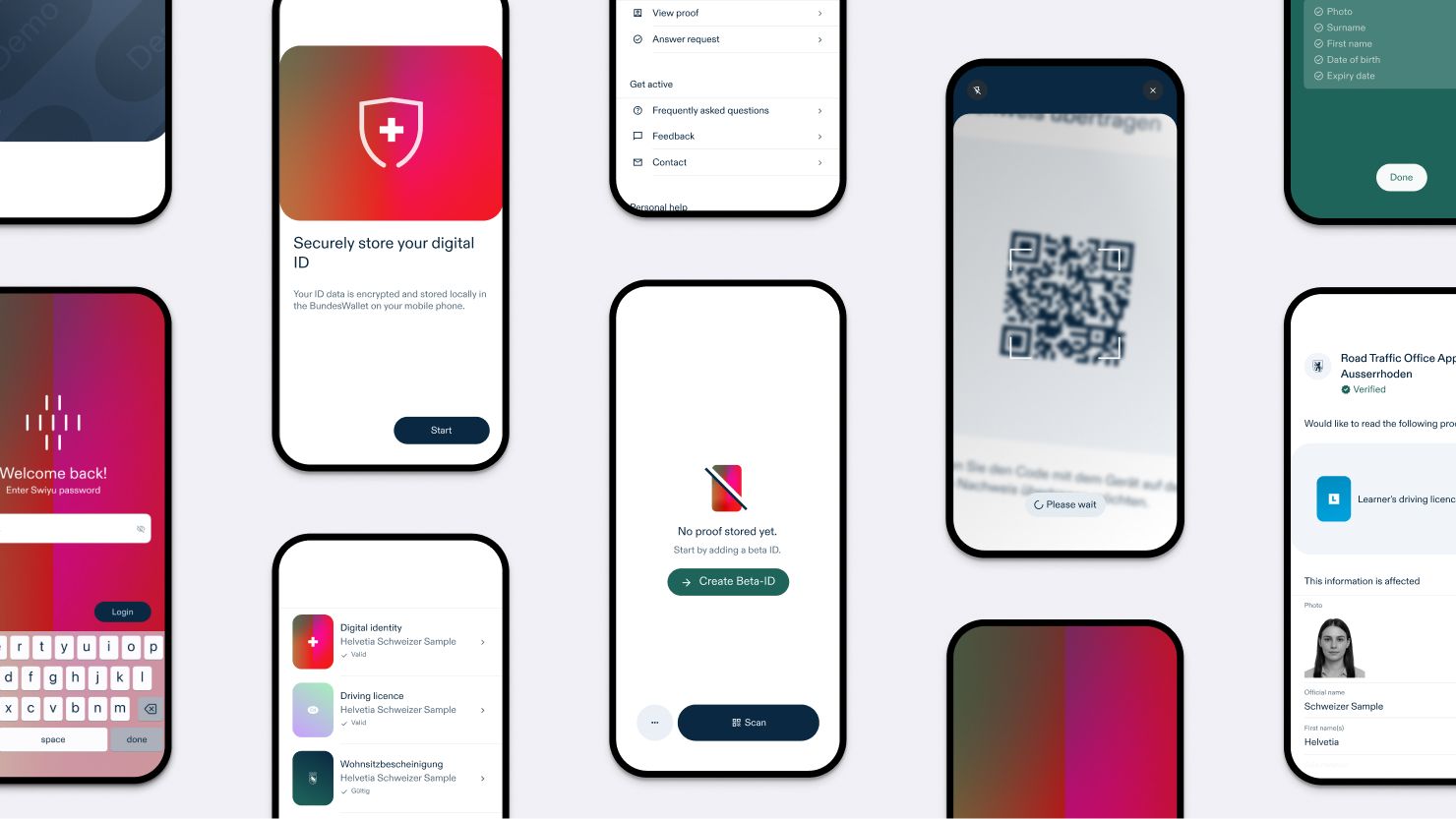 Different views of the swiyu Wallet app